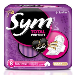ABSORVENTE SYM TOTAL PROTECT COBERTURA SUAVE COM ABAS COM 8 UNIDADES
