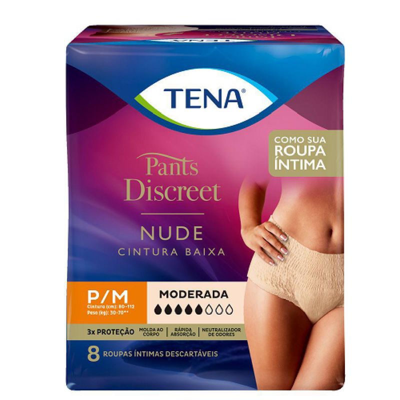 calcinha-descartavel-tena-pants-discreet-nude-pm-com-8-unidades