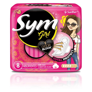 ABSORVENTE SYM GIRL COBERTURA SUAVE COM ABAS COM 8 UNIDADES