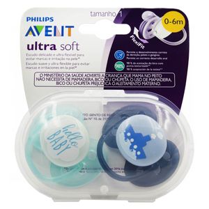 CHUPETA AVENT ULTRA SOFT DECORADA AZUL 0-6 MESES COM 2 UNIDADES